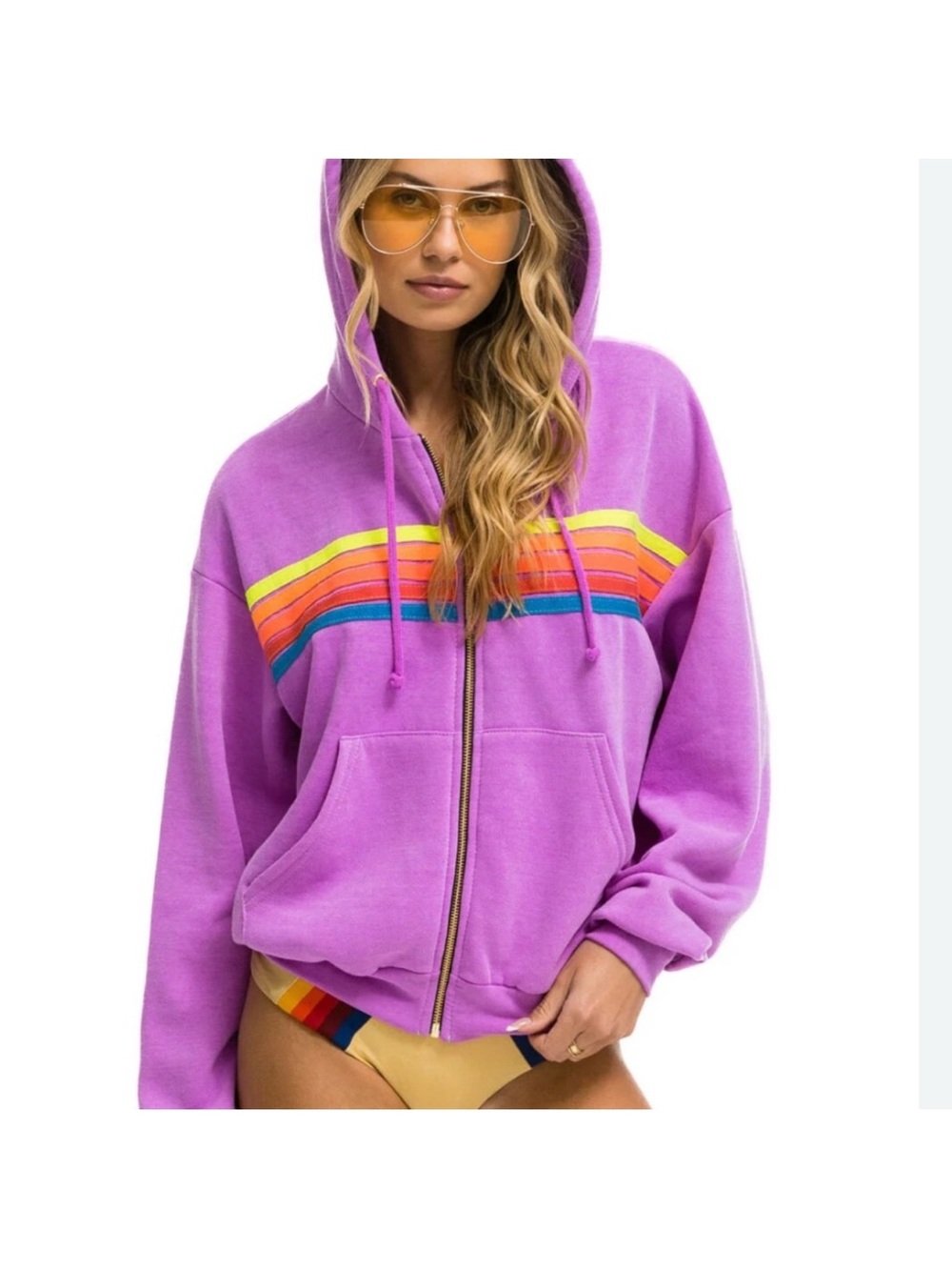 Aviator Nation Purple/Pink Zip Hoodie with Rainbow Stripes